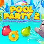 Šedý kreslený králík v fialových brýlích ve veselém plaveckém bazénu s barevnými nafukovacími balónky a nápisem Pool Party 2