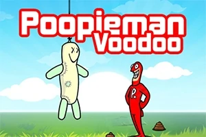 Kreslená postavička v červeném oblečení stojí na trávě vedle voodoo panenky zavěšené na šňůře pod modrou oblohou s nápisem „Poopieman Voodoo“