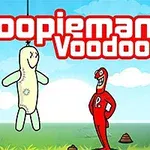 Kreslená postavička v červeném oblečení stojí na trávě vedle voodoo panenky zavěšené na šňůře pod modrou oblohou s nápisem „Poopieman Voodoo“