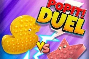 Žlutá kačenka a růžová hvězda s očima proti sobě na modrofialovém pozadí s nápisem POP IT!