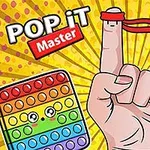 Pěst s nataženým ukazováčkem oblečeným do červené čelenky, obklopená barevnými a usmívajícími se pop it hračkami na žlutém pozadí