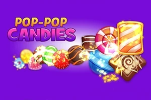 Barevné cukrovinky a sladkosti na fialovém pozadí s nápisem POP-POP CANDIES