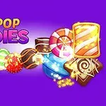 Barevné cukrovinky a sladkosti na fialovém pozadí s nápisem POP-POP CANDIES