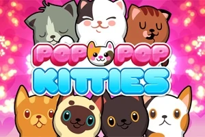 Kreslené kočky různých barev na růžovém pozadí s nápisy POP POP KITTIES