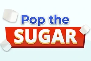 Barevný nápis Pop the Sugar s plovoucími kostkami cukru