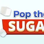 Barevný nápis Pop the Sugar s plovoucími kostkami cukru