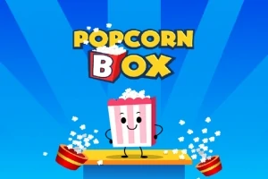 Usmívající se krabička s popcornem na houpací plošině s rozsypaným popcornem a modrým pozadím