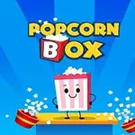 Usmívající se krabička s popcornem na houpací plošině s rozsypaným popcornem a modrým pozadím