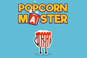 Modrý pozadí s nápisem POPCORN MASTER a kresleným popcornem s obličejem a nohama