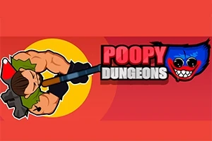 Kreslená postava s puškou a čepicí v bojovém postoji vedle nápisu Poopy Dungeons na červeném pozadí s modrou příšerkou