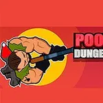 Kreslená postava s puškou a čepicí v bojovém postoji vedle nápisu Poopy Dungeons na červeném pozadí s modrou příšerkou