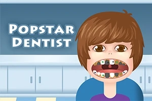 Postava s otevřenými ústy ukazujícími zkažené zuby, v pozadí text Popstar Dentist