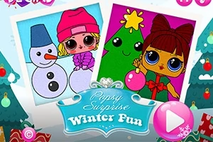 Dvě kreslené postavičky v zimním prostředí, jedna se sněhulákem a druhá s vánočním stromkem, s textem Popsy Surprise Winter Fun uprostřed