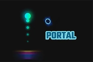 Modré světelné koule vytvářející vertikální řadu nad barevným portálem s nápisem PORTAL vedle