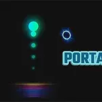 Modré světelné koule vytvářející vertikální řadu nad barevným portálem s nápisem PORTAL vedle