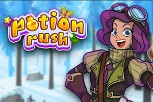 Postava s fialovými vlasy a ochrannými brýlemi před zimní krajinou s nápisem potion rush