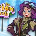 Postava s fialovými vlasy a ochrannými brýlemi před zimní krajinou s nápisem potion rush