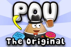 Hnědý kreslený tvor ve smokingu s kloboukem drží mýdlo, nápoj a donut, v pozadí nápis Pou The Original