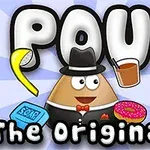 Hnědý kreslený tvor ve smokingu s kloboukem drží mýdlo, nápoj a donut, v pozadí nápis Pou The Original