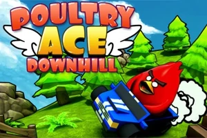 Barevný kreslený obraz sýrového ptáka v modrém autě na zeleném kopcovitém terénu s nápisem Poultry Ace Downhill v horní části