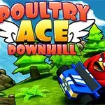 Barevný kreslený obraz sýrového ptáka v modrém autě na zeleném kopcovitém terénu s nápisem Poultry Ace Downhill v horní části