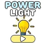 Žárovka s paprsky světla pod nápisy POWER a LIGHT na bílém pozadí