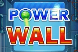 Název POWER WALL ve výrazných modrých a červených písmenech na modrém pozadí s dekorativní kulatou ikonou