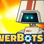 Dva roboti s modrýma očima na barevném pozadí s nápisem PowerBots