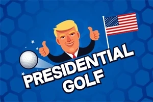 Karikatura muže s blond vlasy, zvednutými palci, golfovým míčkem a americkou vlajkou na modrém šestiúhelníkovém pozadí s nápisem Presidential Golf
