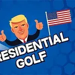 Karikatura muže s blond vlasy, zvednutými palci, golfovým míčkem a americkou vlajkou na modrém šestiúhelníkovém pozadí s nápisem Presidential Golf