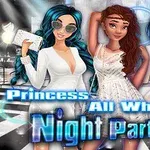 Tři animované postavy v bílých šatech na večírku s nápisem Princess All White Night Party