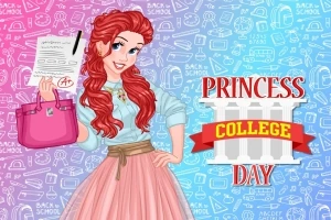 Animovaná princezna s červenými vlasy drží papír a růžovou kabelku na pestrobarevném pozadí s nápisem Princess College Day