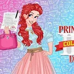 Animovaná princezna s červenými vlasy drží papír a růžovou kabelku na pestrobarevném pozadí s nápisem Princess College Day