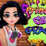 Dívka s tmavými vlasy a ochrannou maskou stojí před cihlovou zdí pokrytou barevným graffiti