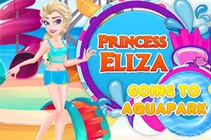 Princezna v modrých šatech a plavkách stojí před barevnými tobogány v aquaparku