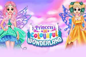 Dvě pohádkové postavy v pestrobarevných šatech s křídly stojí na růžovém pozadí s nápisem Princess in Colourful Wonderland