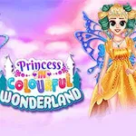 Dvě pohádkové postavy v pestrobarevných šatech s křídly stojí na růžovém pozadí s nápisem Princess in Colourful Wonderland