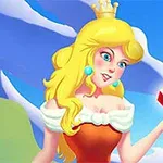 Blondýna princezna s korunkou drží červený drahokam před modrou oblohou a zasněženou krajinou