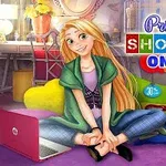 Mladá pohádková postava sedí s notebookem na koberci vedle nápisu Princess Shopping Online v barevném pokoji