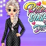 Animovaná postava v černých šatech s bílými puntíky stojí před fialovým pozadím vedle barevného nápisu s korunkou