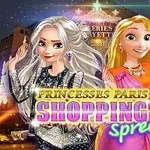 Dvě kreslené postavy v lesklých šatech stojí před osvětlenou budovou s nápisem Princesses Paris Shopping Spree