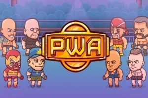 Kreslené postavy zápasníků stojící kolem zlatého loga PWA v ringu