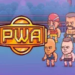 Kreslené postavy zápasníků stojící kolem zlatého loga PWA v ringu