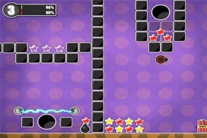 Fialové pozadí s černými bloky, hvězdami různých barev a elektrickým výbojem mezi dvěma body