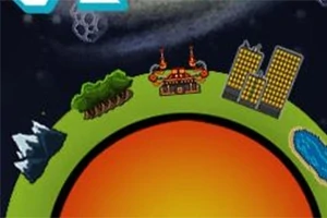 Malá planeta s různorodými prvky jako hory, les, továrna, městské budovy a jezero na povrchu
