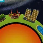 Malá planeta s různorodými prvky jako hory, les, továrna, městské budovy a jezero na povrchu