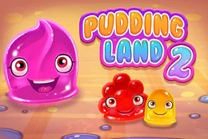Fialový, červený a žlutý želé postavy s velkýma očima na barevném pozadí s nápisem PUDDING LAND 2