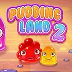 Fialový, červený a žlutý želé postavy s velkýma očima na barevném pozadí s nápisem PUDDING LAND 2
