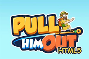 Barevné logo s animovanou postavou muže v klobouku a báglu stojícího na písmenu, s textem Pull Him Out a HTML5 na modrém pozadí