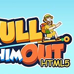 Barevné logo s animovanou postavou muže v klobouku a báglu stojícího na písmenu, s textem Pull Him Out a HTML5 na modrém pozadí